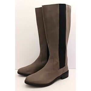 Diba True Gray Leather Tall Riding Boot Blk Trim Back Zip Low Block Heel 10M